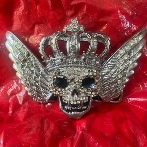 Silver Skull Winged Crown Belt Buckle